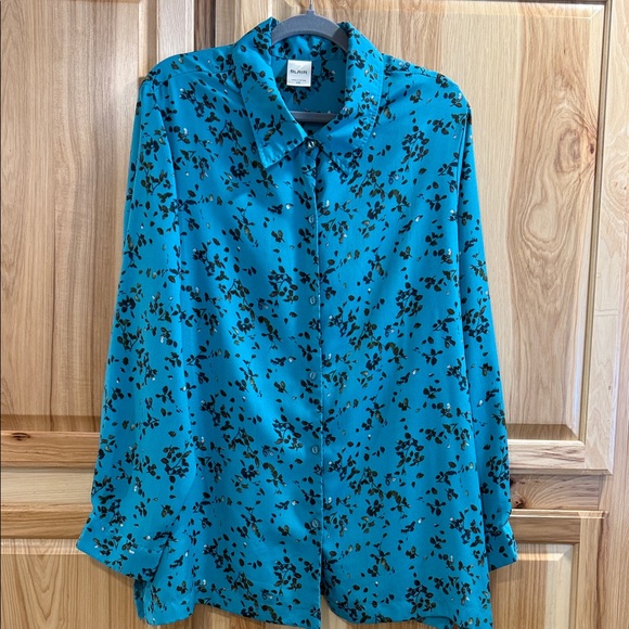 Blair Tops - Blair Teal Blue Black Leafy Flowy Long Sleeve Tunic Button Up Shirt Size 2XL